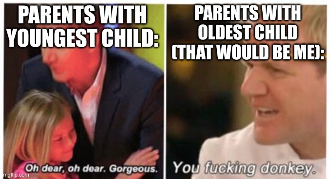 Oh dear, dear gorgeus | PARENTS WITH YOUNGEST CHILD:; PARENTS WITH OLDEST CHILD (THAT WOULD BE ME): | image tagged in oh dear dear gorgeus | made w/ Imgflip meme maker