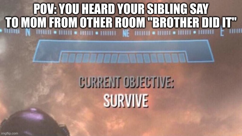 Current Objective: Survive | POV: YOU HEARD YOUR SIBLING SAY TO MOM FROM OTHER ROOM "BROTHER DID IT" | image tagged in current objective survive | made w/ Imgflip meme maker