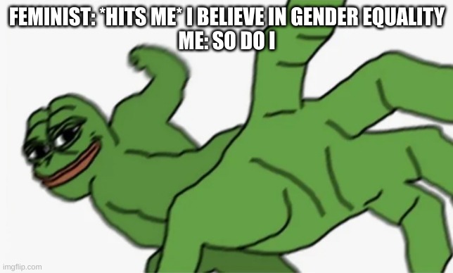 you can't hit a girl back? not with gender equality buddy | FEMINIST: *HITS ME* I BELIEVE IN GENDER EQUALITY
ME: SO DO I | image tagged in pepe punch | made w/ Imgflip meme maker