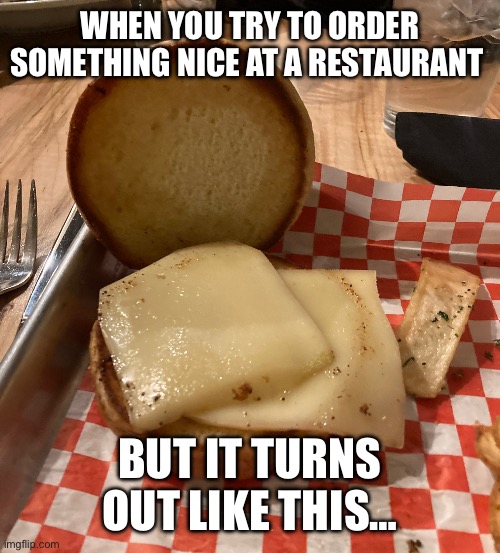 My “dinner” tonight | WHEN YOU TRY TO ORDER SOMETHING NICE AT A RESTAURANT; BUT IT TURNS OUT LIKE THIS… | image tagged in disappointment grilled cheese,grilled cheese | made w/ Imgflip meme maker