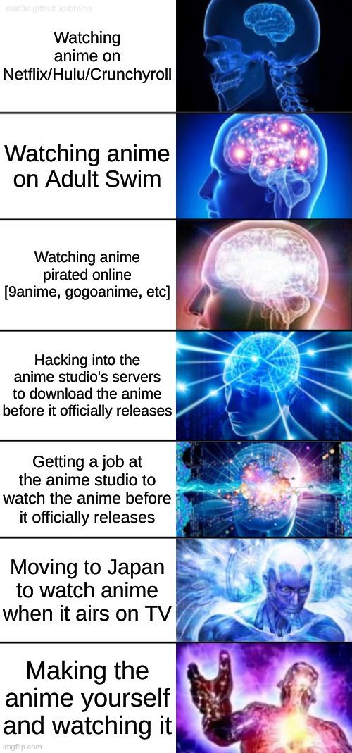 god-tier skills | Watching anime on Netflix/Hulu/Crunchyroll; Watching anime on Adult Swim; Watching anime pirated online [9anime, gogoanime, etc]; Hacking into the anime studio's servers to download the anime before it officially releases; Getting a job at the anime studio to watch the anime before it officially releases; Moving to Japan to watch anime when it airs on TV; Making the anime yourself and watching it | image tagged in 7-tier expanding brain,memes,anime,japan | made w/ Imgflip meme maker