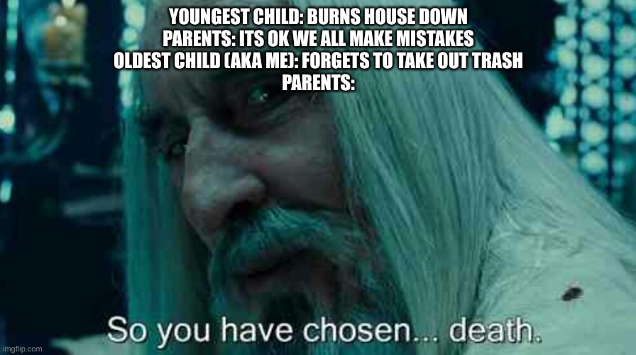 So you have chosen death | YOUNGEST CHILD: BURNS HOUSE DOWN
PARENTS: ITS OK WE ALL MAKE MISTAKES
OLDEST CHILD (AKA ME): FORGETS TO TAKE OUT TRASH
PARENTS: | image tagged in so you have chosen death | made w/ Imgflip meme maker