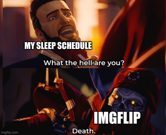What the hell are you? Death | MY SLEEP SCHEDULE; IMGFLIP | image tagged in what the hell are you death | made w/ Imgflip meme maker