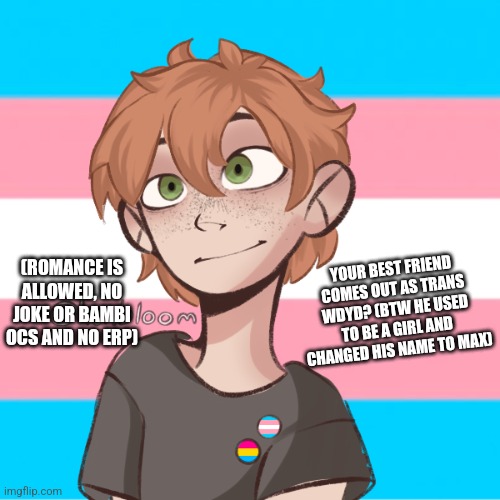 (ROMANCE IS ALLOWED, NO JOKE OR BAMBI OCS AND NO ERP); YOUR BEST FRIEND COMES OUT AS TRANS WDYD? (BTW HE USED TO BE A GIRL AND CHANGED HIS NAME TO MAX) | made w/ Imgflip meme maker