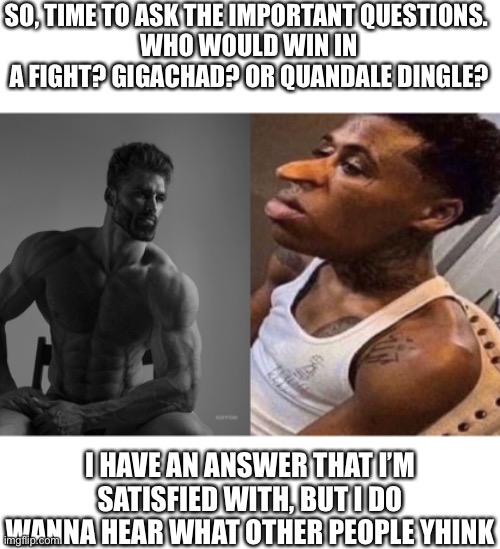 SO, TIME TO ASK THE IMPORTANT QUESTIONS. 
WHO WOULD WIN IN A FIGHT? GIGACHAD? OR QUANDALE DINGLE? I HAVE AN ANSWER THAT I’M SATISFIED WITH, BUT I DO WANNA HEAR WHAT OTHER PEOPLE THINK | image tagged in giga chad,quandale dingle | made w/ Imgflip meme maker
