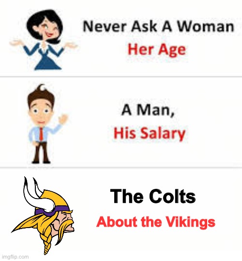 Never Ask | The Colts; About the Vikings | image tagged in never ask a woman her age | made w/ Imgflip meme maker