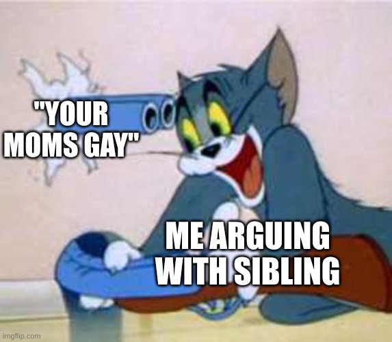 tom the cat shooting himself  | "YOUR MOMS GAY"; ME ARGUING WITH SIBLING | image tagged in tom the cat shooting himself | made w/ Imgflip meme maker