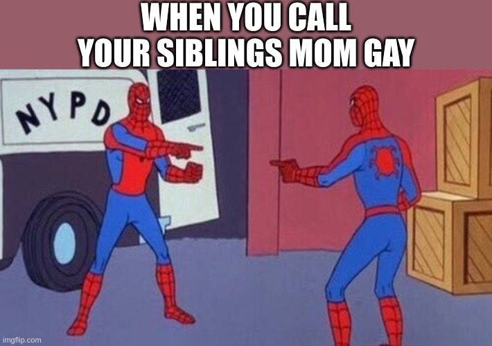 spiderman pointing at spiderman | WHEN YOU CALL YOUR SIBLINGS MOM GAY | image tagged in spiderman pointing at spiderman | made w/ Imgflip meme maker