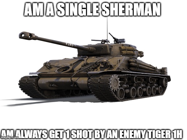 AM A SINGLE SHERMAN; AM ALWAYS GET 1 SHOT BY AN ENEMY TIGER 1H | made w/ Imgflip meme maker