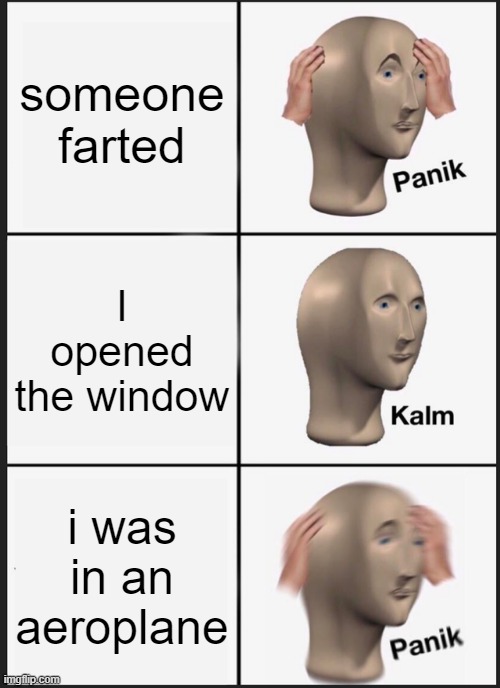 Opening a window | someone farted; I opened the window; i was in an aeroplane | image tagged in memes,panik kalm panik | made w/ Imgflip meme maker
