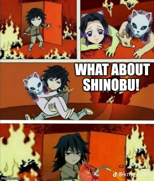 Shinobu got burn down | WHAT ABOUT SHINOBU! | image tagged in memes | made w/ Imgflip meme maker