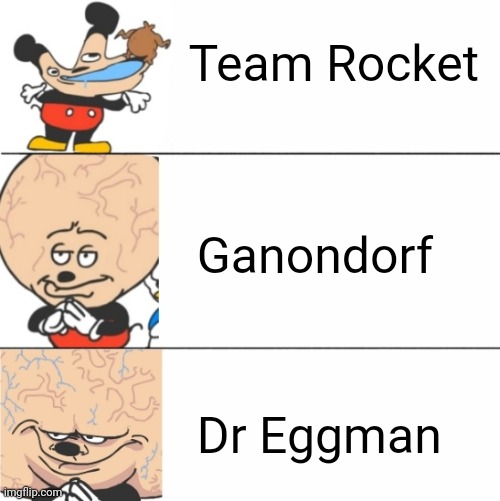What's the use having a good heart when you suck in the role of villain | Team Rocket; Ganondorf; Dr Eggman | image tagged in expanding brain mokey,team rocket,ganondorf,dr eggman,nintendo,villains | made w/ Imgflip meme maker