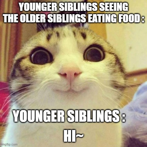 Eheheh | YOUNGER SIBLINGS SEEING THE OLDER SIBLINGS EATING FOOD :; HI~; YOUNGER SIBLINGS : | image tagged in memes,smiling cat | made w/ Imgflip meme maker