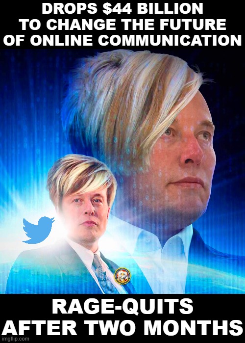 Space Karen Confirmed | DROPS $44 BILLION TO CHANGE THE FUTURE OF ONLINE COMMUNICATION; RAGE-QUITS AFTER TWO MONTHS | image tagged in elon musk twitter space karen,elon musk,elon musk buying twitter,social media,twitter,space karen | made w/ Imgflip meme maker