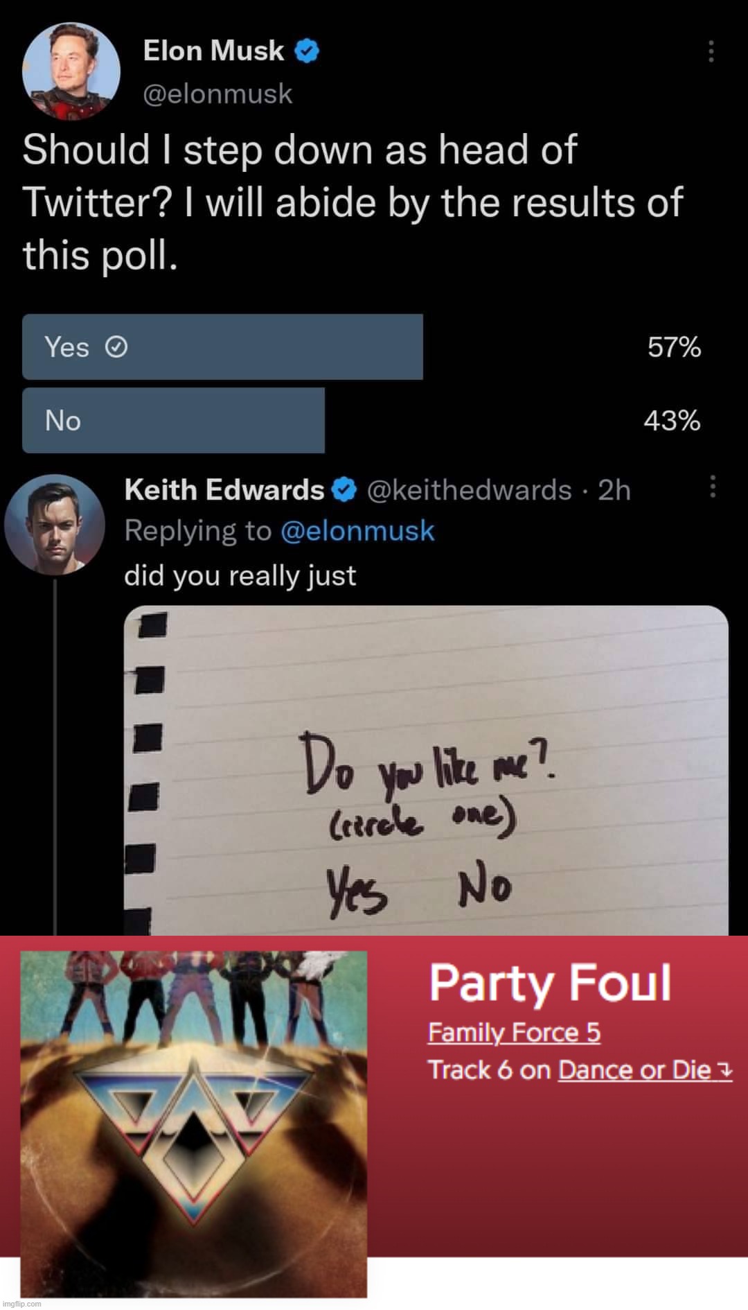 Troll of the Day: Elon Musk | image tagged in elon musk twitter poll resignation,family force 5 last party foul,elon musk | made w/ Imgflip meme maker
