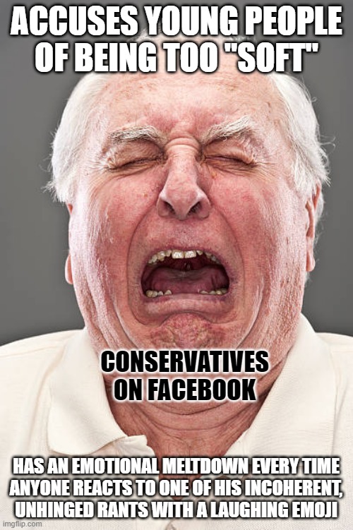 Imagine being so narcissistic that you think you're entitled to not be laughed at when you publicly make a fool of yourself. | ACCUSES YOUNG PEOPLE OF BEING TOO "SOFT"; CONSERVATIVES
ON FACEBOOK; HAS AN EMOTIONAL MELTDOWN EVERY TIME
ANYONE REACTS TO ONE OF HIS INCOHERENT,
UNHINGED RANTS WITH A LAUGHING EMOJI | image tagged in conservative tears,conservative logic,tough guy wanna be,hurt feelings,ok boomer,toxic masculinity | made w/ Imgflip meme maker
