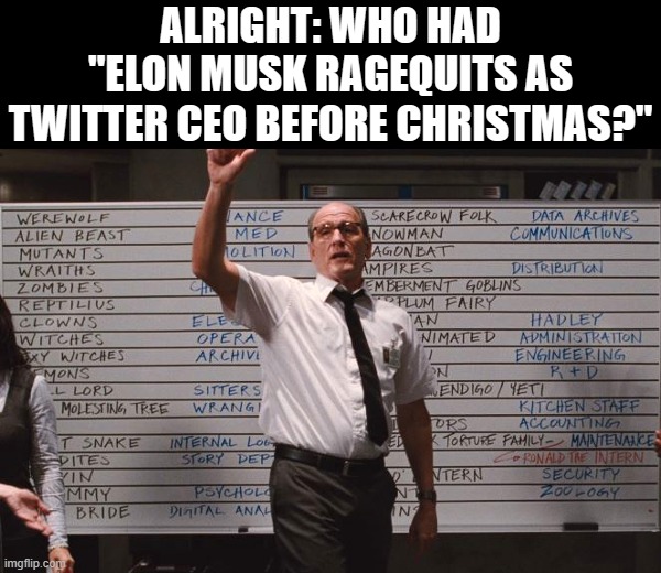 Not officially, but his latest poll strongly hints at it. We'll see! |  ALRIGHT: WHO HAD "ELON MUSK RAGEQUITS AS TWITTER CEO BEFORE CHRISTMAS?" | image tagged in cabin the the woods,elon musk,elon musk buying twitter,twitter,ragequit,social media | made w/ Imgflip meme maker