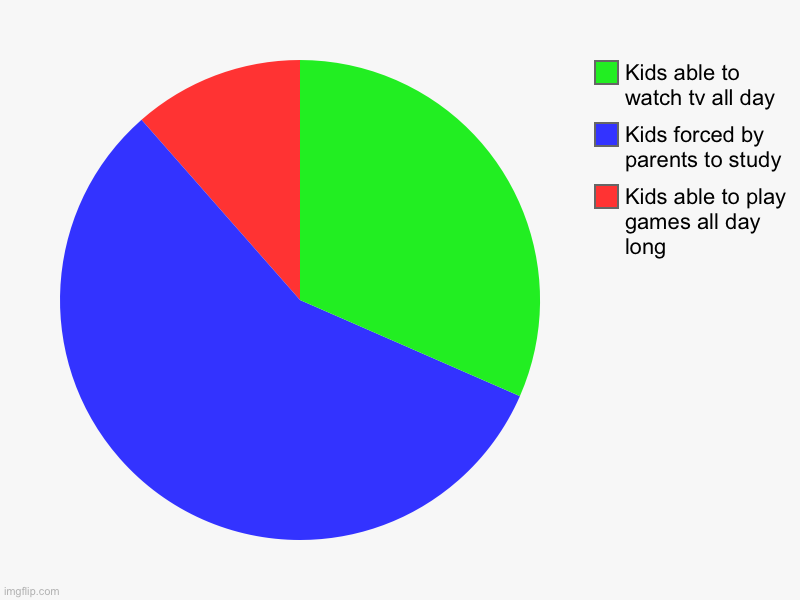 Kids able to play games all day long, Kids forced by parents to study, Kids able to watch tv all day | image tagged in charts,pie charts | made w/ Imgflip chart maker