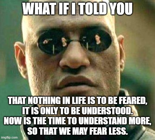 That's a quote from Marie Skłodowska-Curie. | WHAT IF I TOLD YOU; THAT NOTHING IN LIFE IS TO BE FEARED,
IT IS ONLY TO BE UNDERSTOOD.
NOW IS THE TIME TO UNDERSTAND MORE,
SO THAT WE MAY FEAR LESS. | image tagged in what if i told you,fear,life,peace,love,understanding | made w/ Imgflip meme maker