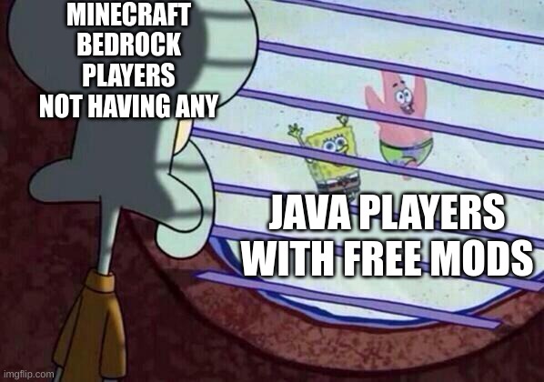 Squidward window | MINECRAFT BEDROCK PLAYERS NOT HAVING ANY; JAVA PLAYERS WITH FREE MODS | image tagged in squidward window | made w/ Imgflip meme maker