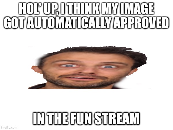 HOL’ UP, I THINK MY IMAGE GOT AUTOMATICALLY APPROVED; IN THE FUN STREAM | made w/ Imgflip meme maker