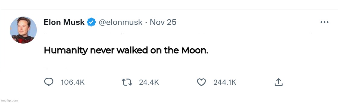 Elon Musk's blank tweet, but controversial | Humanity never walked on the Moon. | image tagged in elon musk's controversial tweet,elon musk blank tweet,elon musk,funny,memes,twitter | made w/ Imgflip meme maker
