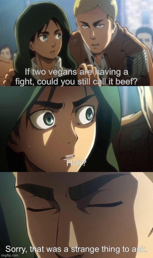 deep thoughts | If two vegans are having a fight, could you still call it beef? | image tagged in strange question attack on titan,beef,vegans | made w/ Imgflip meme maker