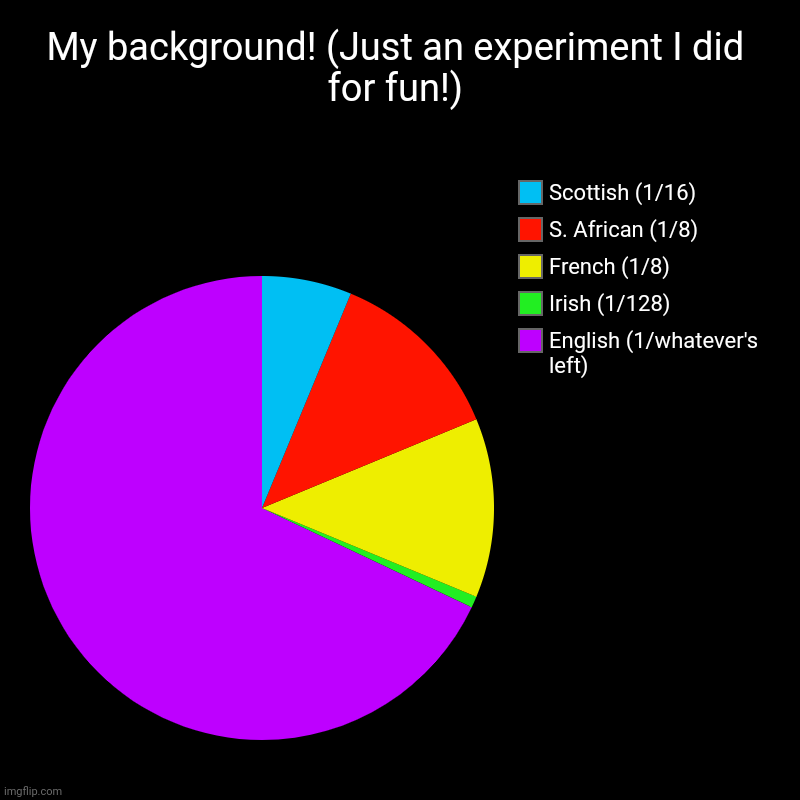 My background! (Just an experiment I did for fun!) | English (1/whatever's left), Irish (1/128), French (1/8), S. African (1/8), Scottish (1 | image tagged in charts,pie charts | made w/ Imgflip chart maker