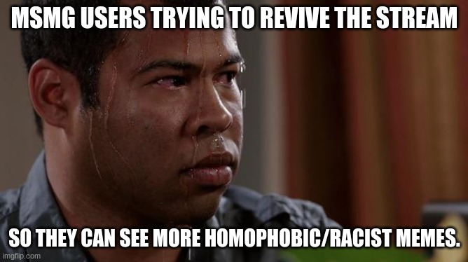 Gotta keep the factory goin' | MSMG USERS TRYING TO REVIVE THE STREAM; SO THEY CAN SEE MORE HOMOPHOBIC/RACIST MEMES. | image tagged in sweating bullets | made w/ Imgflip meme maker