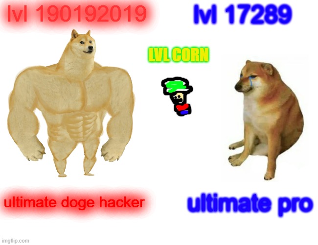 Buff Doge vs. Cheems Meme | lvl 190192019; lvl 17289; LVL CORN; ultimate doge hacker; ultimate pro | image tagged in memes,buff doge vs cheems | made w/ Imgflip meme maker