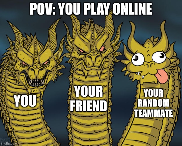 Three-headed Dragon | POV: YOU PLAY ONLINE; YOUR FRIEND; YOUR RANDOM TEAMMATE; YOU | image tagged in three-headed dragon | made w/ Imgflip meme maker