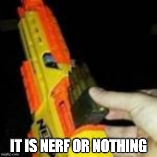 Nerf | IT IS NERF OR NOTHING | image tagged in nerf or nothing | made w/ Imgflip meme maker