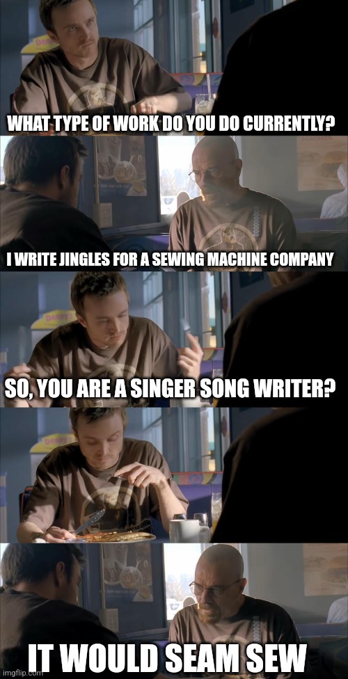 Singer/song writer | WHAT TYPE OF WORK DO YOU DO CURRENTLY? I WRITE JINGLES FOR A SEWING MACHINE COMPANY; SO, YOU ARE A SINGER SONG WRITER? IT WOULD SEAM SEW | image tagged in jesse wtf are you talking about | made w/ Imgflip meme maker