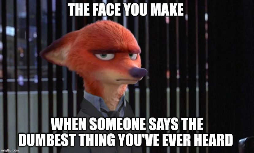 Nick Wilde is Displeased | THE FACE YOU MAKE; WHEN SOMEONE SAYS THE DUMBEST THING YOU'VE EVER HEARD | image tagged in nick wilde jason bateman,zootopia,nick wilde,the face you make when,annoyed,funny | made w/ Imgflip meme maker