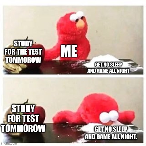 lol | STUDY FOR THE TEST TOMMOROW; ME; GET NO SLEEP AND GAME ALL NIGHT; STUDY FOR TEST TOMMOROW; GET NO SLEEP AND GAME ALL NIGHT. | image tagged in elmo cocaine | made w/ Imgflip meme maker