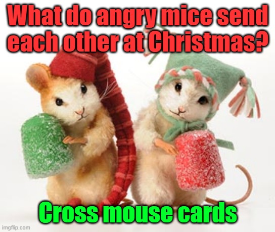 christmas mice | What do angry mice send each other at Christmas? Cross mouse cards | image tagged in christmas mice | made w/ Imgflip meme maker