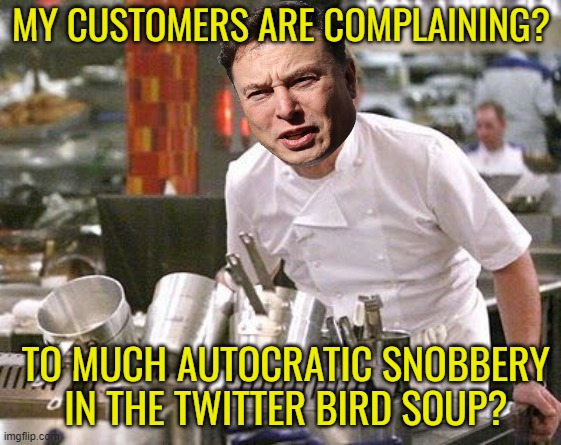 Angry Chef Elon changes the recipes at Chez Twitter | MY CUSTOMERS ARE COMPLAINING? TO MUCH AUTOCRATIC SNOBBERY
 IN THE TWITTER BIRD SOUP? | image tagged in elon musk,twitter,maga,political meme,funny memes | made w/ Imgflip meme maker