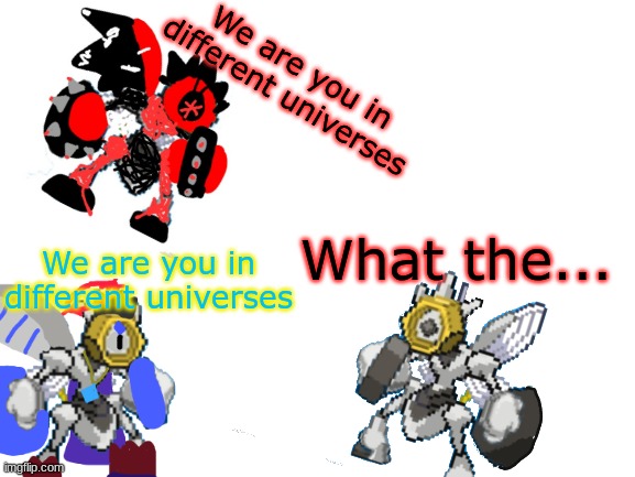 There are way too many melmezors... | We are you in different universes; What the... We are you in different universes | image tagged in blank white template | made w/ Imgflip meme maker