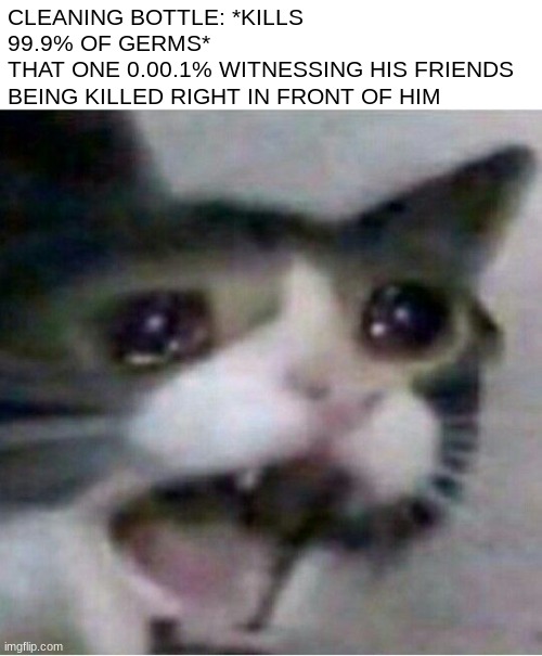 Image Ttile | CLEANING BOTTLE: *KILLS 99.9% OF GERMS*
THAT ONE 0.00.1% WITNESSING HIS FRIENDS BEING KILLED RIGHT IN FRONT OF HIM | image tagged in crying cat,funni | made w/ Imgflip meme maker