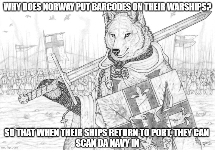 Scandinavian | WHY DOES NORWAY PUT BARCODES ON THEIR WARSHIPS? SO THAT WHEN THEIR SHIPS RETURN TO PORT, THEY CAN 
SCAN DA NAVY IN | image tagged in fursader,navy,norway,dad joke | made w/ Imgflip meme maker