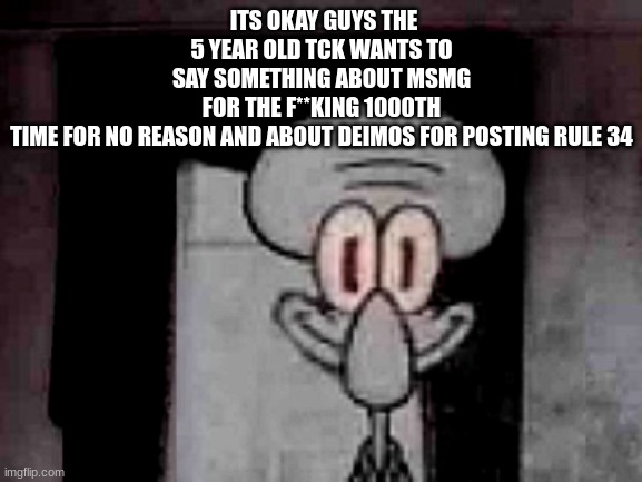 Staring Squidward | ITS OKAY GUYS THE 5 YEAR OLD TCK WANTS TO SAY SOMETHING ABOUT MSMG FOR THE F**KING 1000TH TIME FOR NO REASON AND ABOUT DEIMOS FOR POSTING RULE 34 | image tagged in staring squidward | made w/ Imgflip meme maker
