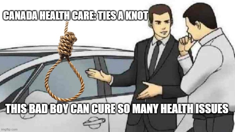 Canada Health Care | CANADA HEALTH CARE: TIES A KNOT; THIS BAD BOY CAN CURE SO MANY HEALTH ISSUES | image tagged in memes,car salesman slaps roof of car | made w/ Imgflip meme maker