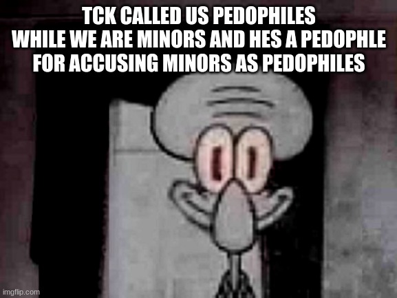 Staring Squidward | TCK CALLED US PEDOPHILES WHILE WE ARE MINORS AND HES A PEDOPHLE FOR ACCUSING MINORS AS PEDOPHILES | image tagged in staring squidward | made w/ Imgflip meme maker