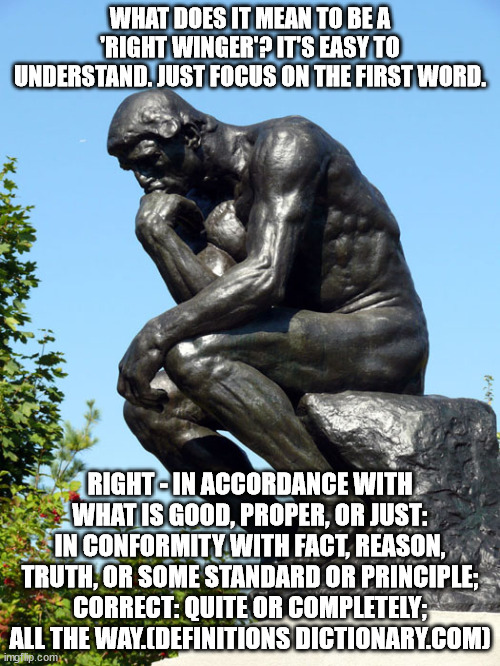 if you ever thought about it. | WHAT DOES IT MEAN TO BE A 'RIGHT WINGER'? IT'S EASY TO UNDERSTAND. JUST FOCUS ON THE FIRST WORD. RIGHT - IN ACCORDANCE WITH WHAT IS GOOD, PROPER, OR JUST: IN CONFORMITY WITH FACT, REASON, TRUTH, OR SOME STANDARD OR PRINCIPLE; CORRECT: QUITE OR COMPLETELY; ALL THE WAY.(DEFINITIONS DICTIONARY.COM) | image tagged in the thinker,politics,right wing | made w/ Imgflip meme maker