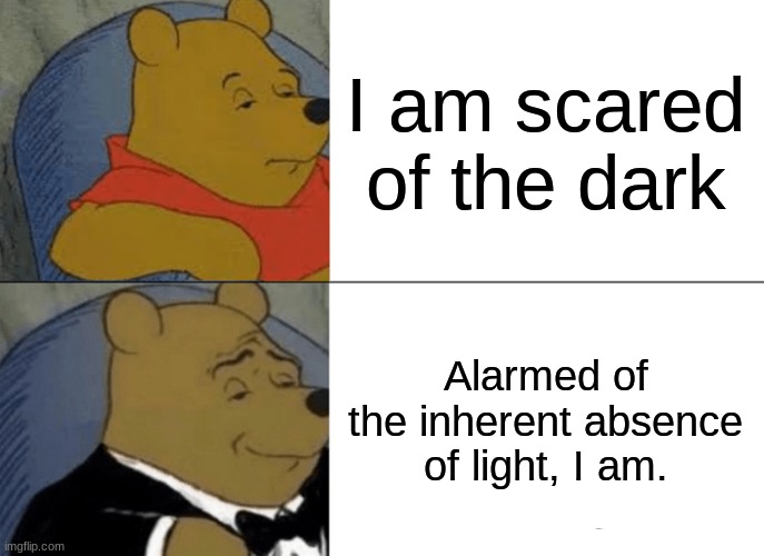 M | I am scared of the dark; Alarmed of the inherent absence of light, I am. | image tagged in memes,tuxedo winnie the pooh | made w/ Imgflip meme maker
