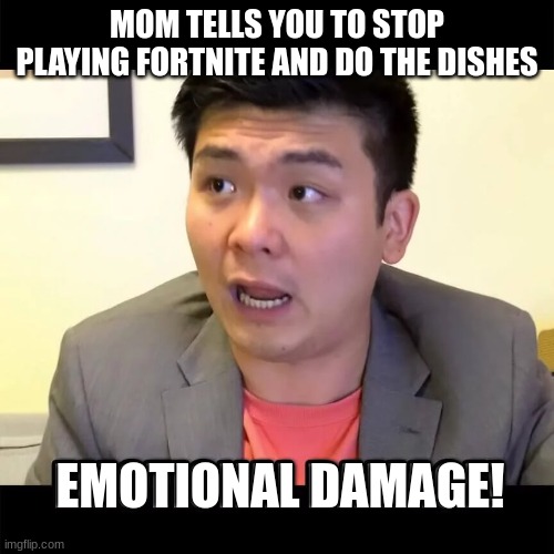 Emotional Damage | MOM TELLS YOU TO STOP PLAYING FORTNITE AND DO THE DISHES; EMOTIONAL DAMAGE! | image tagged in memes | made w/ Imgflip meme maker