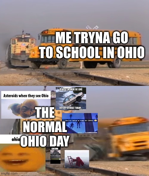 no offence ohio | ME TRYNA GO TO SCHOOL IN OHIO; THE NORMAL OHIO DAY | image tagged in a train hitting a school bus,ohio,goofy ahh | made w/ Imgflip meme maker