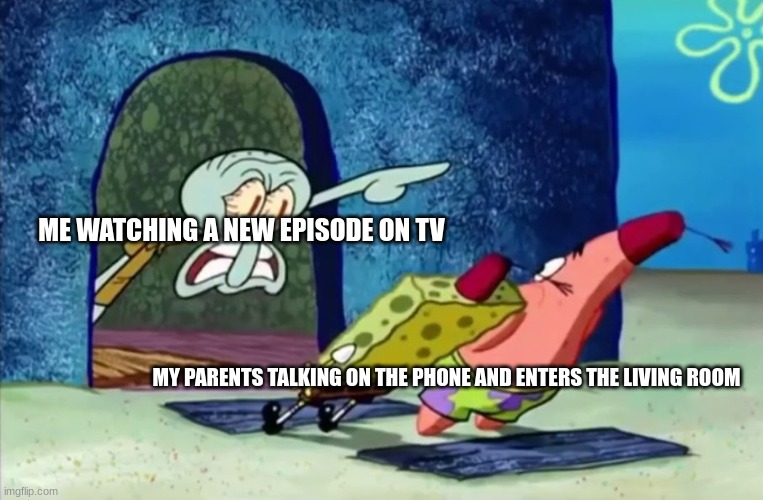 Hard to get any Privacy | ME WATCHING A NEW EPISODE ON TV; MY PARENTS TALKING ON THE PHONE AND ENTERS THE LIVING ROOM | image tagged in squidward get out of my house | made w/ Imgflip meme maker