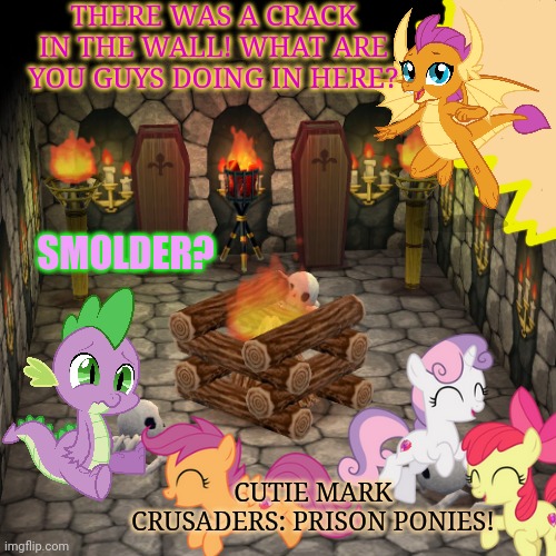 Discord's basement | THERE WAS A CRACK IN THE WALL! WHAT ARE YOU GUYS DOING IN HERE? SMOLDER? CUTIE MARK CRUSADERS: PRISON PONIES! | image tagged in animal crossing basement,discord,basement,mlp | made w/ Imgflip meme maker