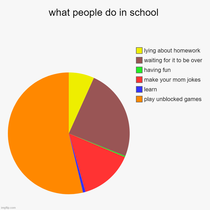 what people do in school | play unblocked games, learn, make your mom jokes, having fun, waiting for it to be over, lying about homework | image tagged in charts,pie charts | made w/ Imgflip chart maker